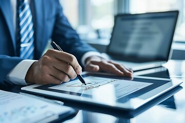 Fototapeta premium businessman e-signing a document on a digital tablet, with a laptop and virtual notepad in the background, showcasing the concept of a paperless office.