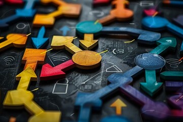 close-up photo of a flowchart with colorful arrows and symbols representing the concept of business process automation and workflow optimization.