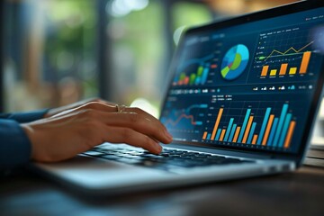 Close up of a business analyst's hands typing on a laptop keyboard, surrounded by charts and graphs on screen displaying key performance indicators and metrics.
