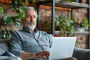 Obraz premium mature man sitting on a sofa at home, watching TV on his laptop.