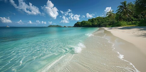 Obraz premium Tropical Beach Scene With Palm Trees and Clear Blue Water