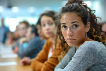 Obraz premium photo of a group of employees sitting in a conference room with worried expressions on their faces as they discuss the possibility of layoffs and workforce reduction.