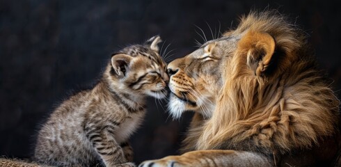 Fototapeta premium Lion and Kitten Share a Tender Moment in Close-Up Portrait