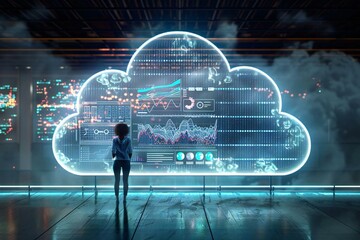 person standing in front of a large cloud-shaped sculpture with a digital interface displaying data points and analytics, symbolizing the concept of Cloud ERP