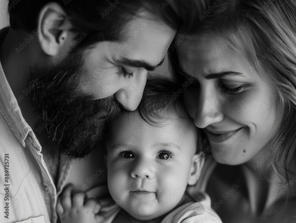 Wall mural a family moment captured in a black and white photo, perfect for representing love and togetherness