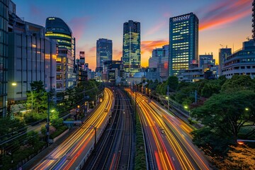 Obraz premium long exposure shot of a city skyline at night, capturing the hustle and bustle of urban life against a backdrop of twinkling lights.