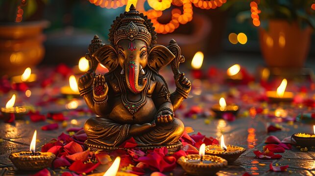 Hindu religion and Indian Diwali festival concept with a statue of Lord Ganesha as the focal point. The festival is celebrated on a dark, red, and yellow background.