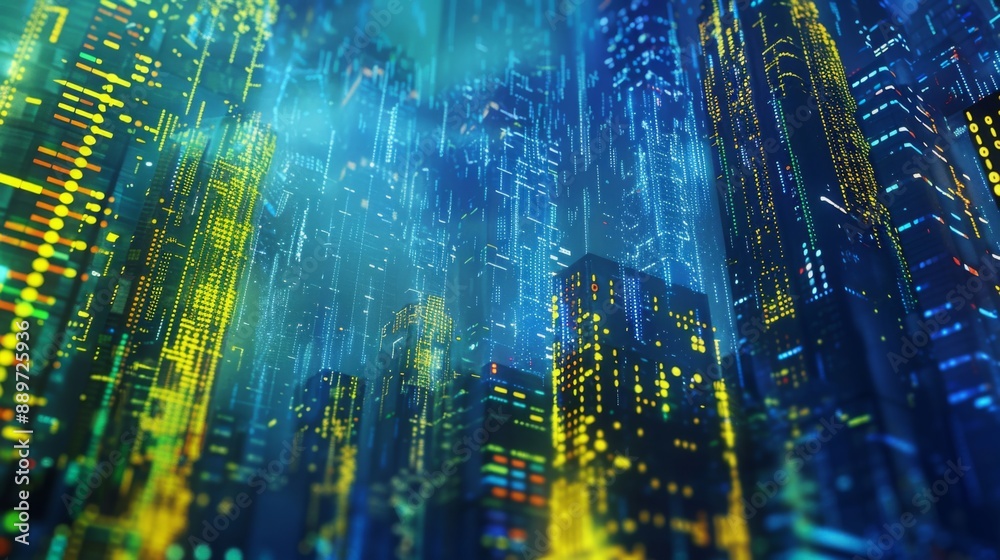 Poster a digital cityscape illuminated with blue and yellow lights. buildings are made of glowing pixels an