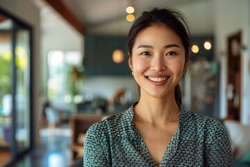 GenZ Asian individuals smiling and working in a cozy home office, displaying the concept of remote work (WFH).