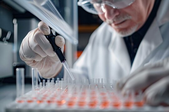 Photo idea: Close-up shot of a scientist using a micro pipette in a laboratory fume hood to prepare samples for a bioassay of in vitro cells on a 96-well microplate.