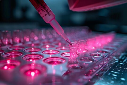 Close-up shot of a scientist using a micropipette in a laboratory fume hood to prepare samples for bioassay of in vitro cells on a 96 well microplate. The focus is on the intricate details
