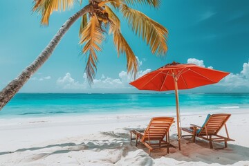 Fototapeta premium Vibrant beach scene with palm trees and a red umbrella capturing the lively essence of a summer vacation