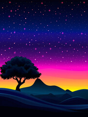 Fototapeta premium A vibrant sunset illustration with a silhouetted tree and rolling hills under a starry sky