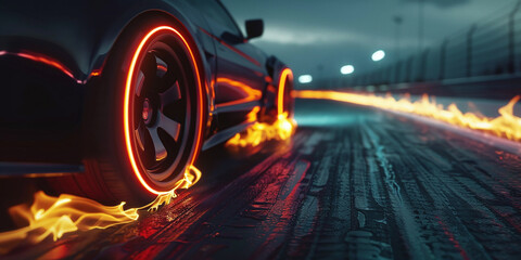 Illuminated dark road with burning car tires on a race track. Concept car racing