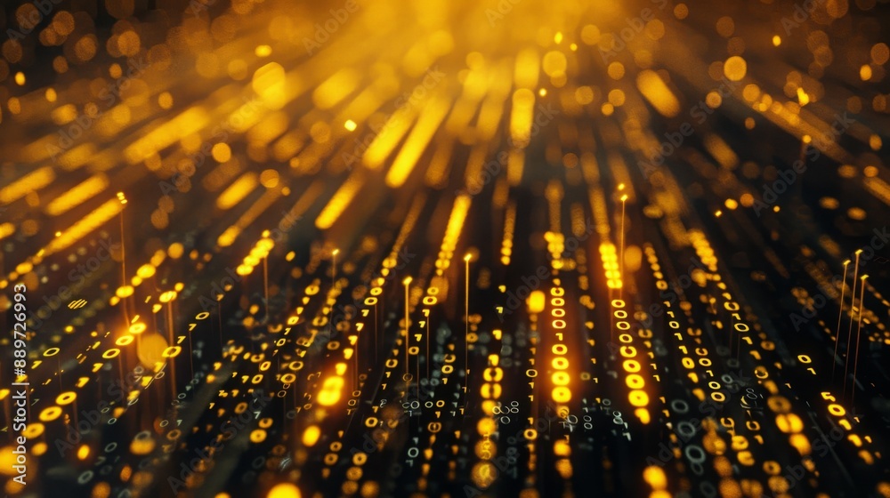 Poster A close-up of glowing lines of binary code with a golden hue, creating an abstract digital background.