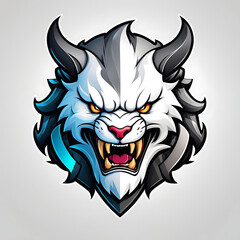 A wild animal head mascot with fangs and horns, a blue mane, sharp teeth, and an angry expression suitable for fantasy, wildlife designs, and t-shirt or sticker screen printing.