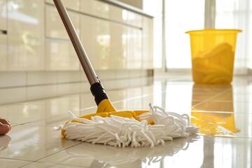 high angle view of a cleaning service woman mopping the kitchen floor with a clean and shiny tile flooring.