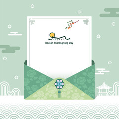 Korean Thanksgiving event design. Traditional letter envelope, stationery, brush painting Hanok roof and full moon, traditional background.