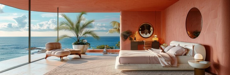 Fototapeta premium Pink Beachfront Bedroom With Ocean View and White Bedding