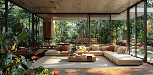 Fototapeta premium Modern Tropical Home Living Room With Pool View