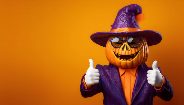 halloween, k&uuml;rbis, hexe, chapeau, urlaub, thumbs, ups, thumb, close up, copy space, orange, kost&uuml;m, hut, hexenhut, kopf, anzug, blazer, fliege, tie, head, person, 3d, photo, kunst, ad, modern, glow, 1