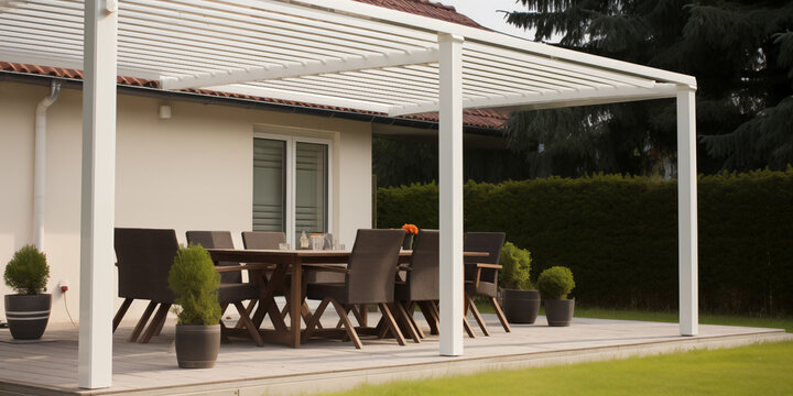 Taras w ogrodzie - altana, pergola. Nowoczesne meble ogrodowe - stolik i stołki wśr&oacute;d natury