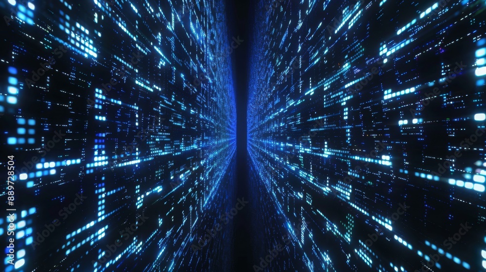 Poster A digital code tunnel with blue glowing lines streaming through a black background.