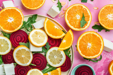 Fototapeta premium Enjoy a vibrant and colorful citrus and beetroot salad topped with cheese on a pink background