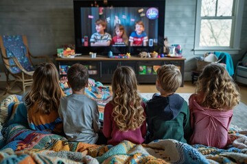family with kids of different generations watching a movie together on TV at home, surrounded by blankets and snacks.