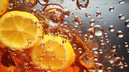 Closeup of Lemon Slices in Iced Tea with Bubbles.