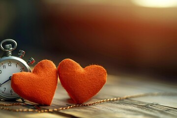 close-up shot of two heart shapes and a stopwatch on a wooden desk, symbolizing the concept of speed dating. The contrasting elements of love and time create an intriguing visual narrative.