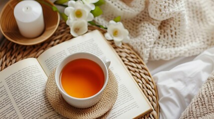 Cup of black tea placed on an open paper book surrounded by scented candles on a rattan table in a living room Top view with selective focus Good morning concept