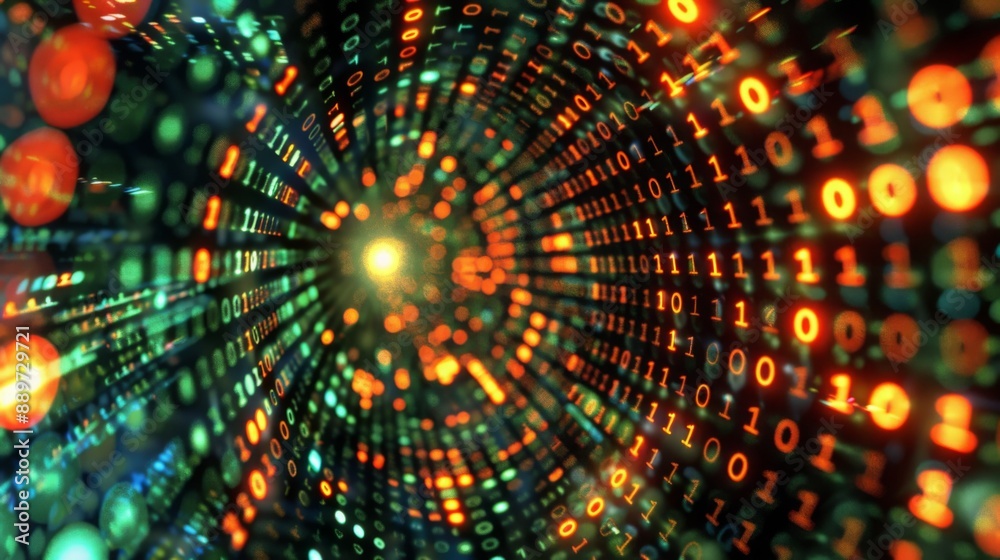 Poster A digital tunnel composed of binary code, with a bright light at the end, appears to be moving forward. The code is lit up in orange and green, creating a vibrant, abstract effect.