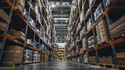An organized warehouse interior demonstrates operational efficiency in logistics and supply chain management. Perfect inventory control, order fulfillment and intelligent use of space.
