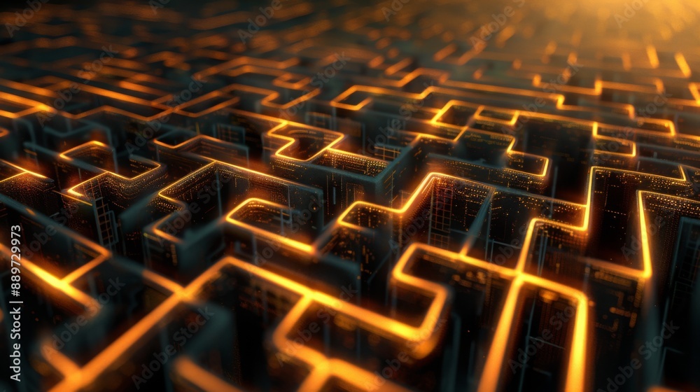 Aufkleber A close-up view of a digital maze, the intricate pathways illuminated by glowing orange lines. The image creates a sense of depth and complexity, suggesting the challenge of navigating the maze.