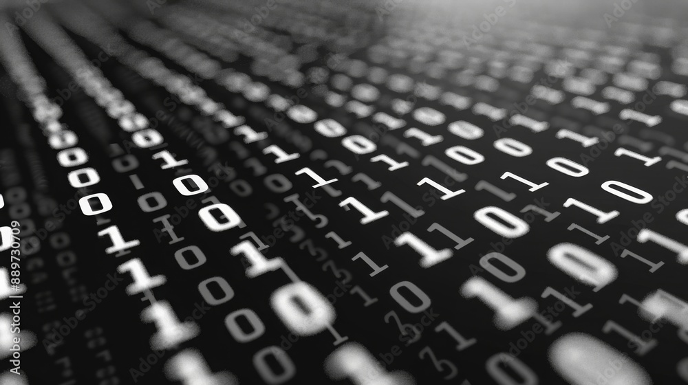 Aufkleber White binary code digits displayed on a black background, in a close-up perspective.