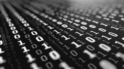 White binary code digits displayed on a black background, in a close-up perspective.