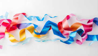 Many serpentine streamers on white background, banner design. Party decor
