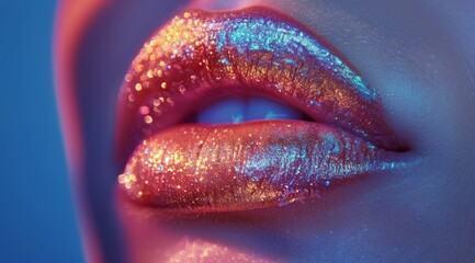Close Up Of Glittery Lips In Neon Lighting