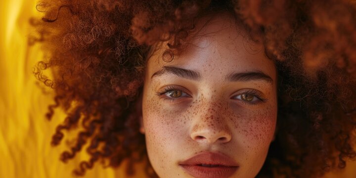 Close-up shot of a woman's face with noticeable freckles