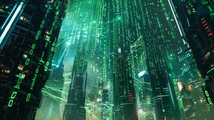 A digital cityscape at night, with tall buildings covered in green code. The city lights create a vibrant glow, and glowing lines connect the buildings.