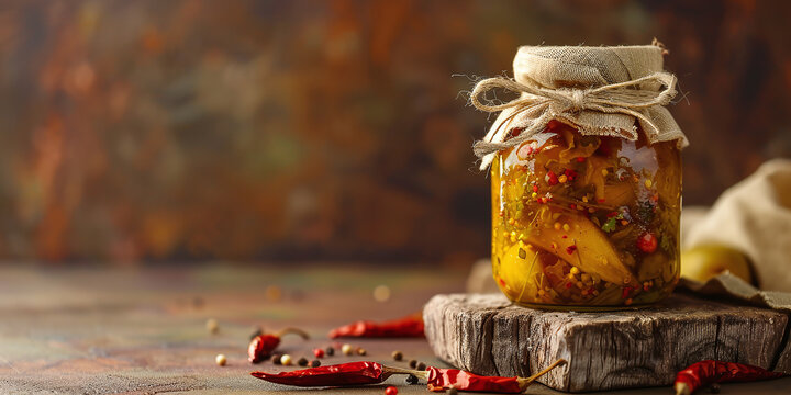 Traditional ceramic jar with homemade raw pickled mango on brown background