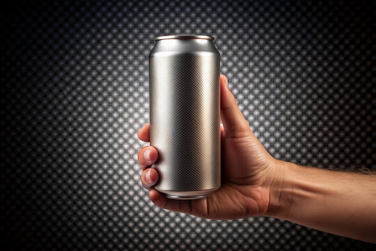 A solitary human hand cradles a frosty, empty metal beverage can, beautifully lit, with a smooth, isolated transparent background, awaiting custom design elements.