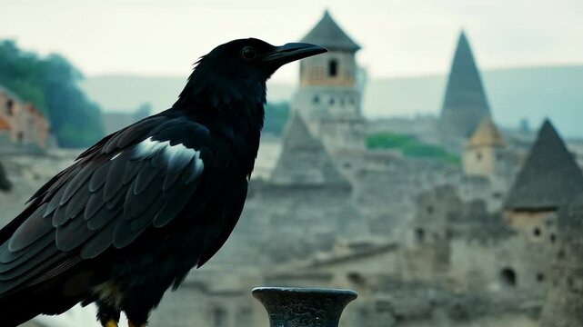 A raven against the backdrop of an old castle