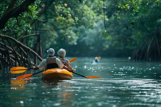Senior Couple Kayaking Through Lush Mangrove Forest