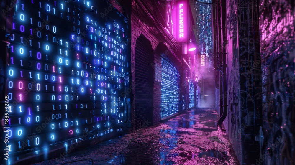 Poster A narrow city alley illuminated with neon lights and binary code displays on walls, reflecting in puddles of water.