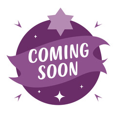 coming soon Sign Icon, Flat Design in Purple Color, Circular Badge