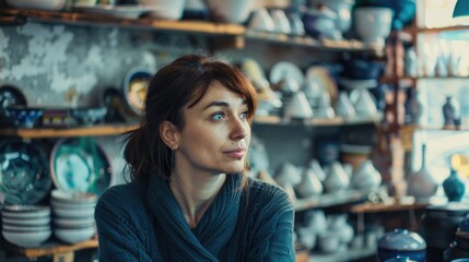 A person sitting in front of a shelf filled with various types of pottery