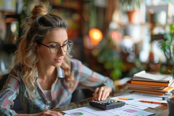 Fototapeta premium high angle view of a professional businesswoman accountant calculating an invoice using a calculator in her office.