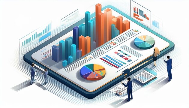 An illustration style of bar graphs and pie graphs along with animated humans along the graphs